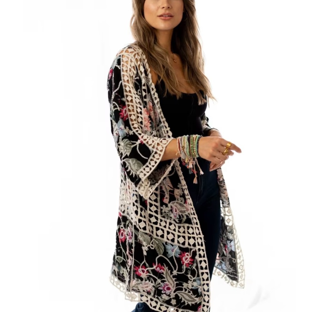 Roffe Floral Kimono With Lace Inserts NWT OS